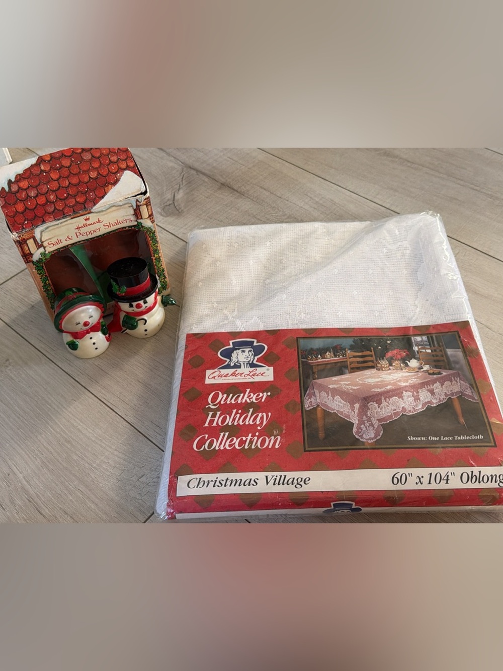 Vintage Quaker Lace Christmas Village Tablecloth Snowman Salt Pepper Grandmacore